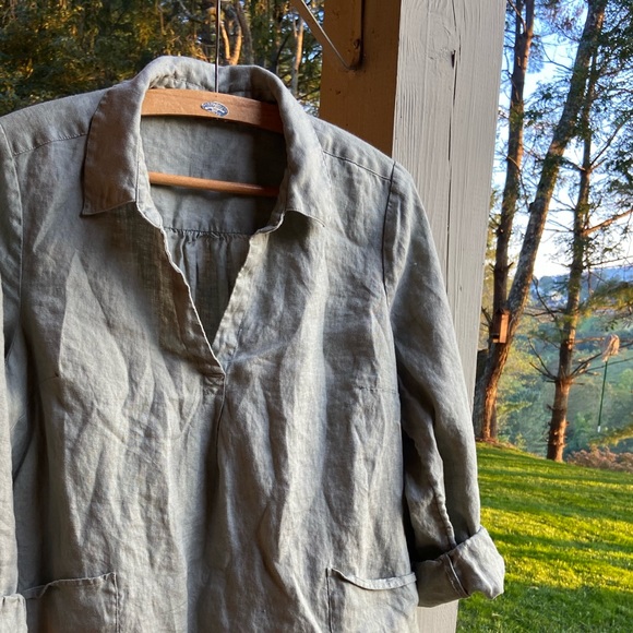 Linen Pocket Tunic Sage Soft Surroundings Collar Pearl Button - Picture 1 of 10